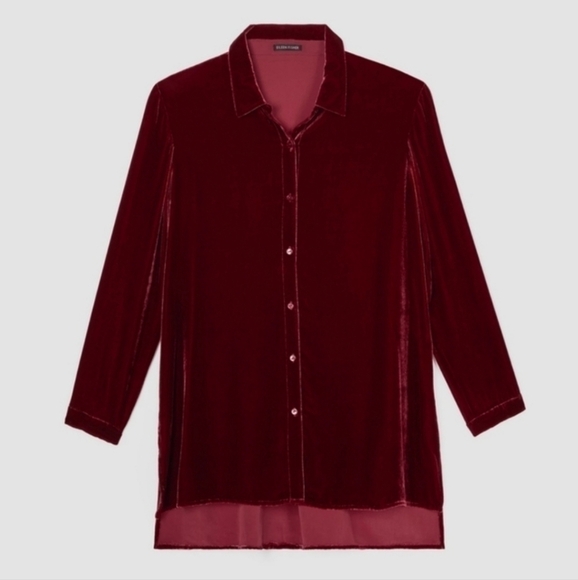 Eileen Fisher velvet classic collar long shirt deep claret Large NWT - Picture 4 of 8